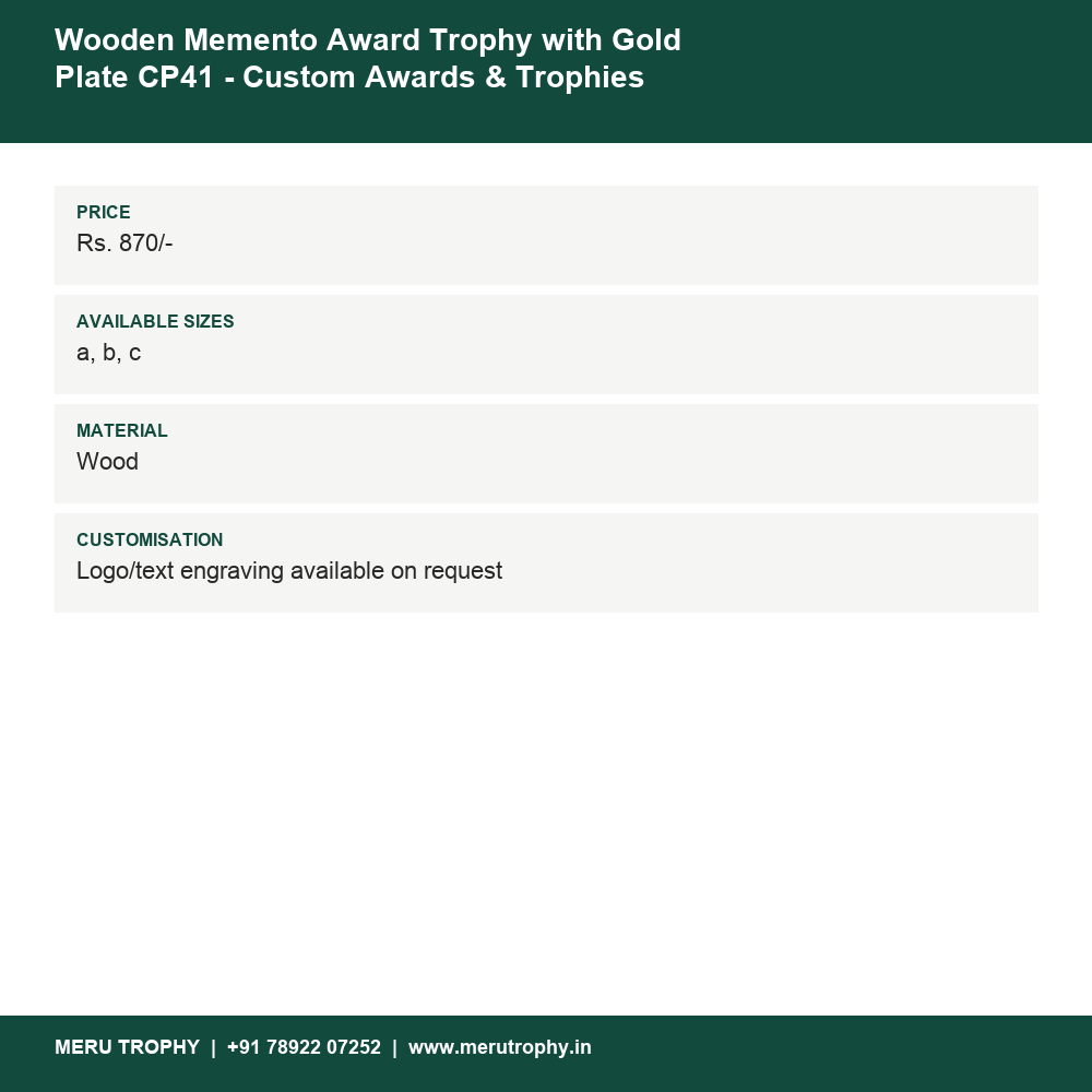 Wooden Memento Award Trophy with Gold Plate CP41 details - Meru Trophy