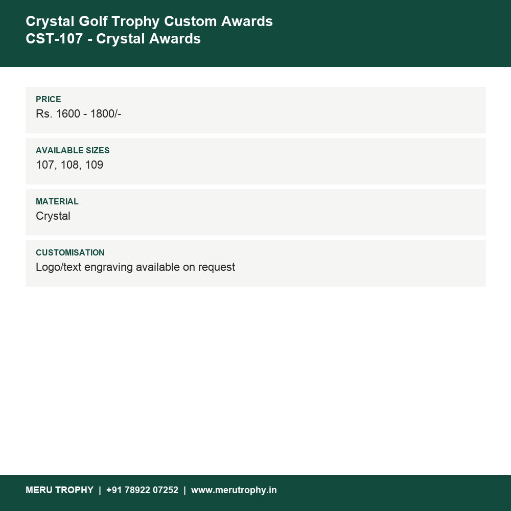 Crystal Golf Trophy Custom Awards CST-107 - Crystal Awards details - Meru Trophy