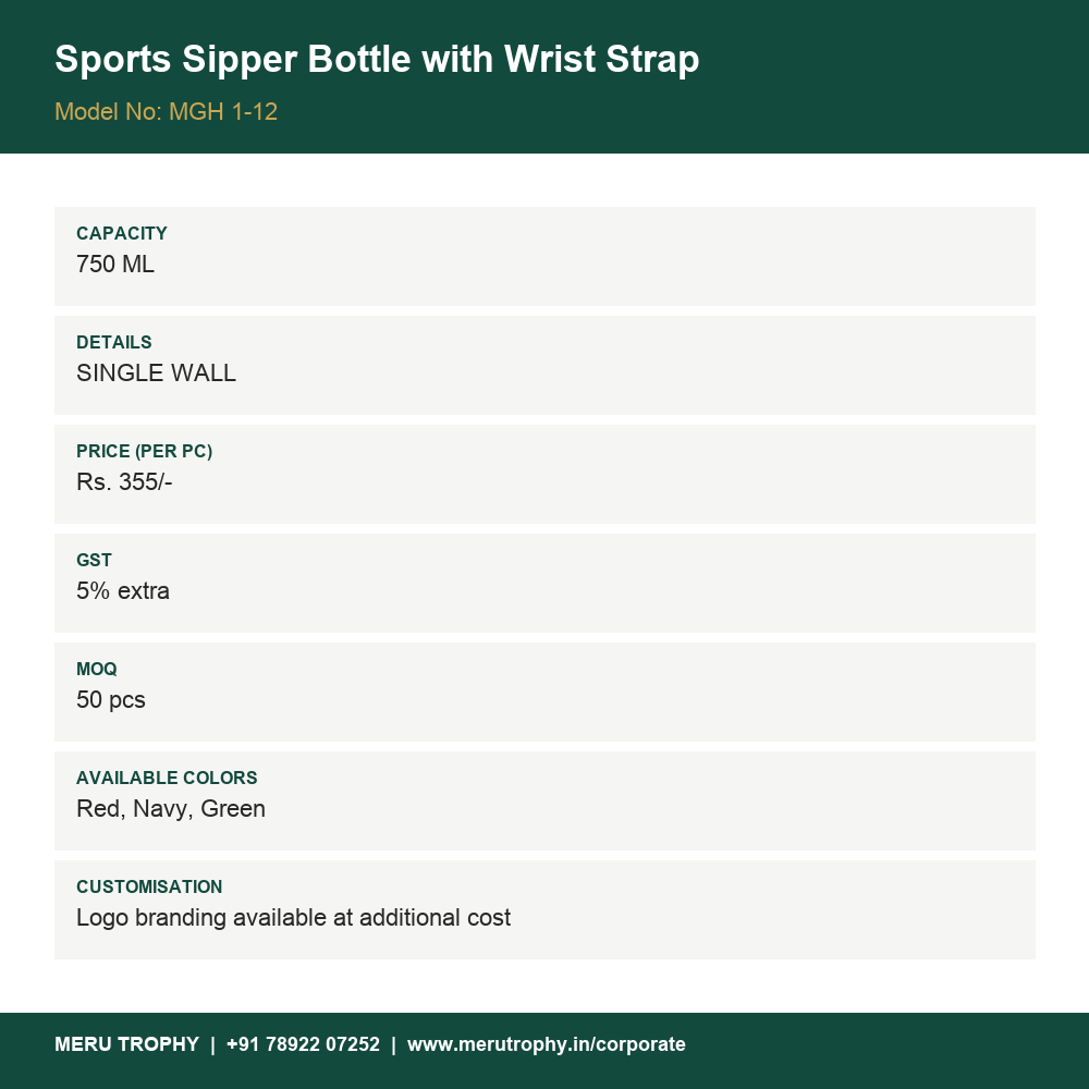 Sports Sipper Bottle with Wrist Strap - product details - Meru Trophy corporate gifting