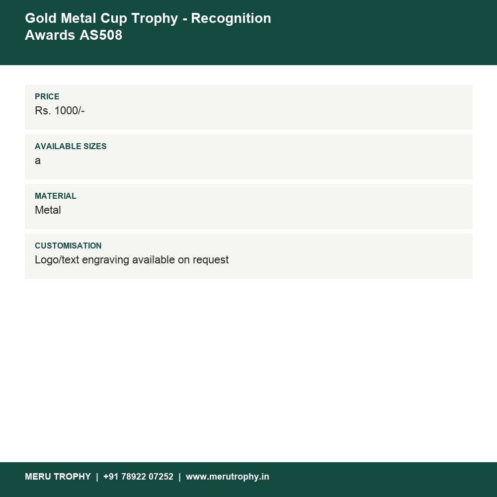 Gold Metal Cup Trophy - Recognition Awards AS508 details - Meru Trophy