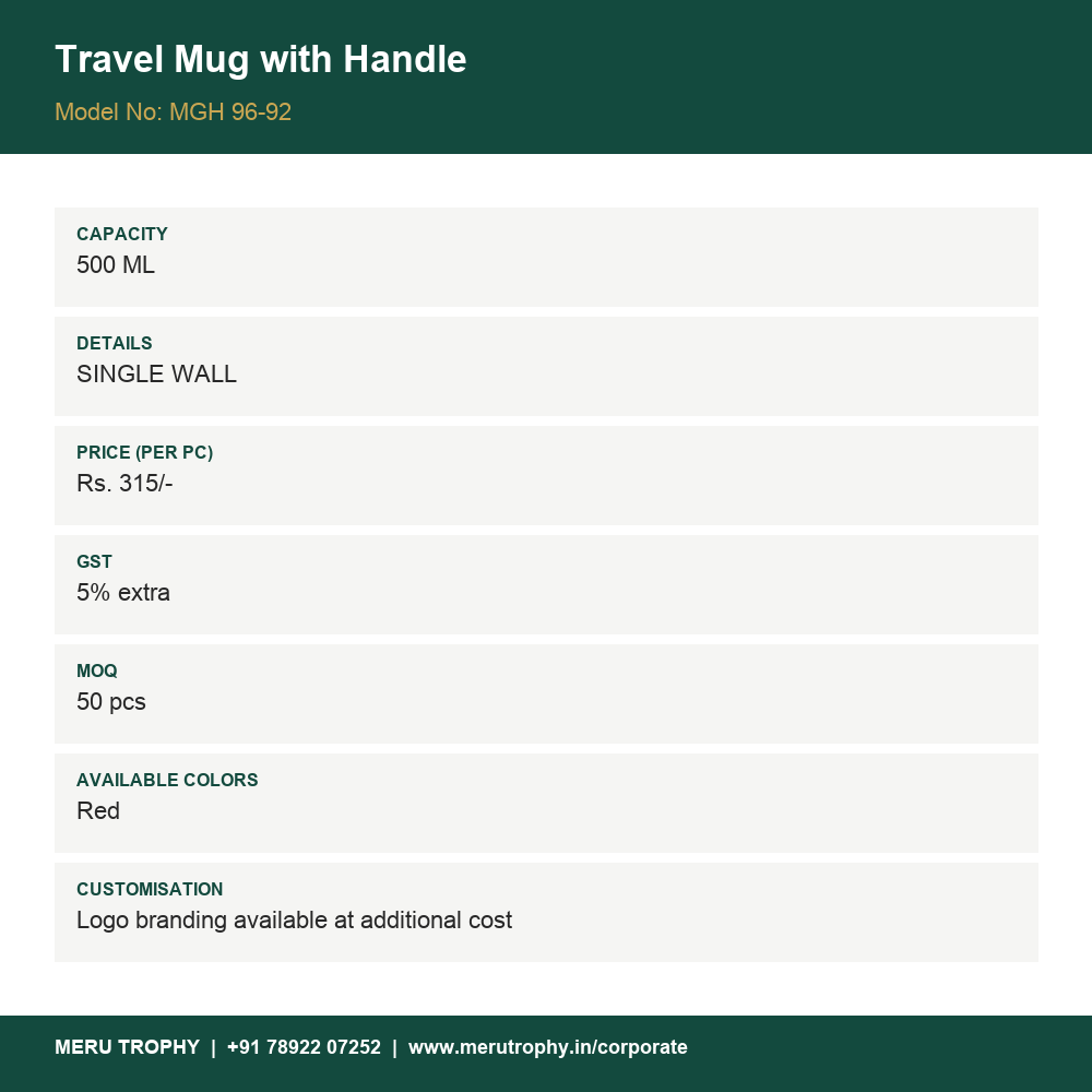Travel Mug with Handle - product details - Meru Trophy corporate gifting