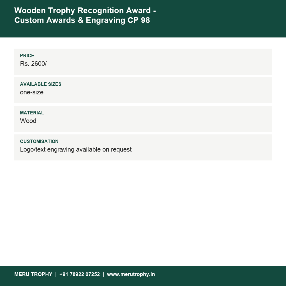 Wooden Trophy Recognition Award - Custom Awards & Engraving CP 98 details - Meru Trophy