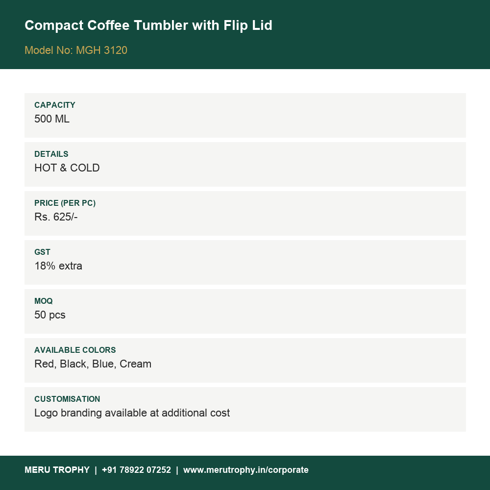 Compact Coffee Tumbler with Flip Lid - product details card - Meru Trophy corporate gifting