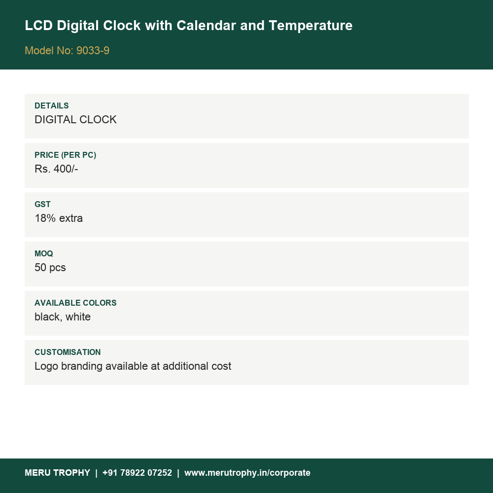 LCD Digital Clock with Calendar and Temperature - product details card - Meru Trophy corporate gifting