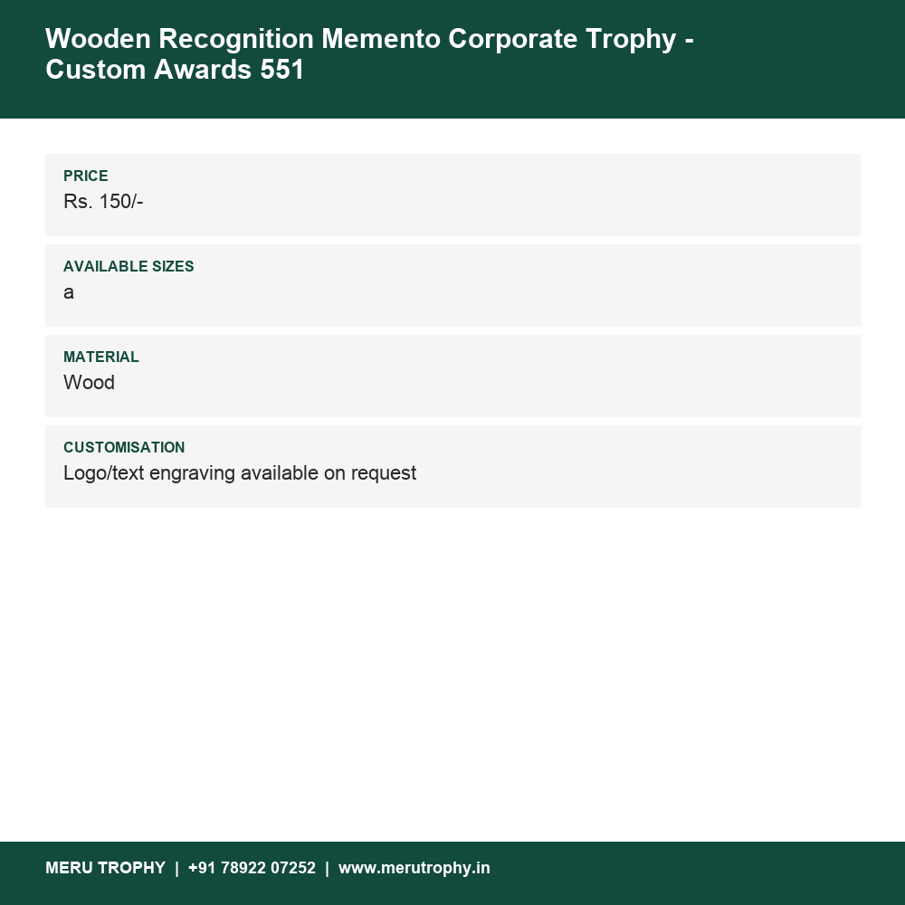 Wooden Recognition Memento Corporate Trophy - Custom Awards 551 details - Meru Trophy