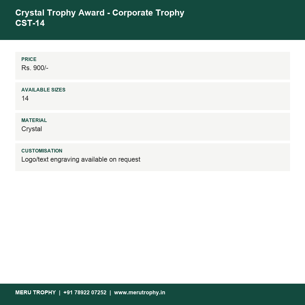 Crystal Trophy Award - Corporate Trophy CST-14 details - Meru Trophy