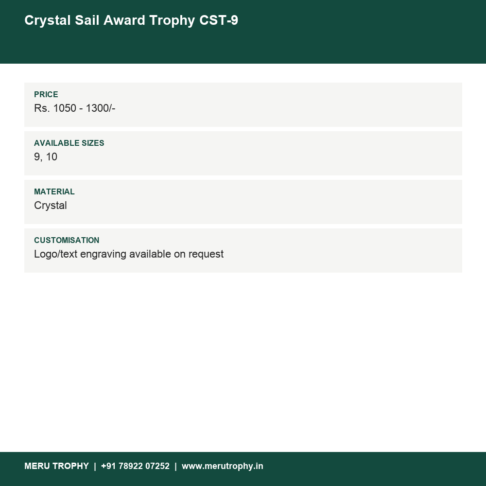 Crystal Sail Award Trophy CST-9 details - Meru Trophy