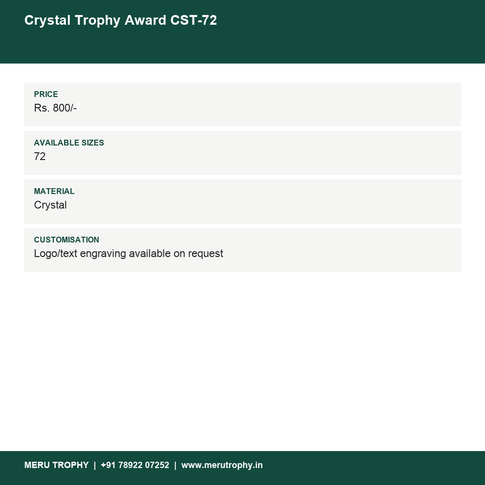 Crystal Trophy Award CST-72 details - Meru Trophy