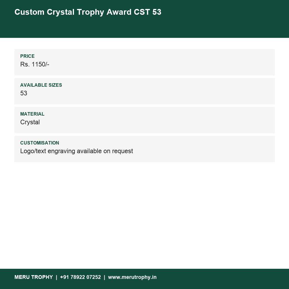 Custom Crystal Trophy Award CST 53 details - Meru Trophy
