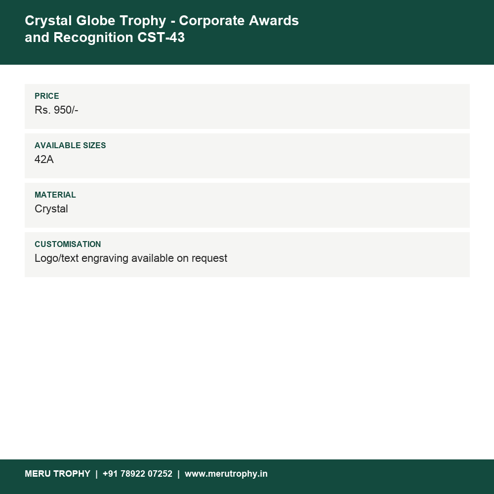 Crystal Globe Trophy - Corporate Awards and Recognition CST-43 details - Meru Trophy