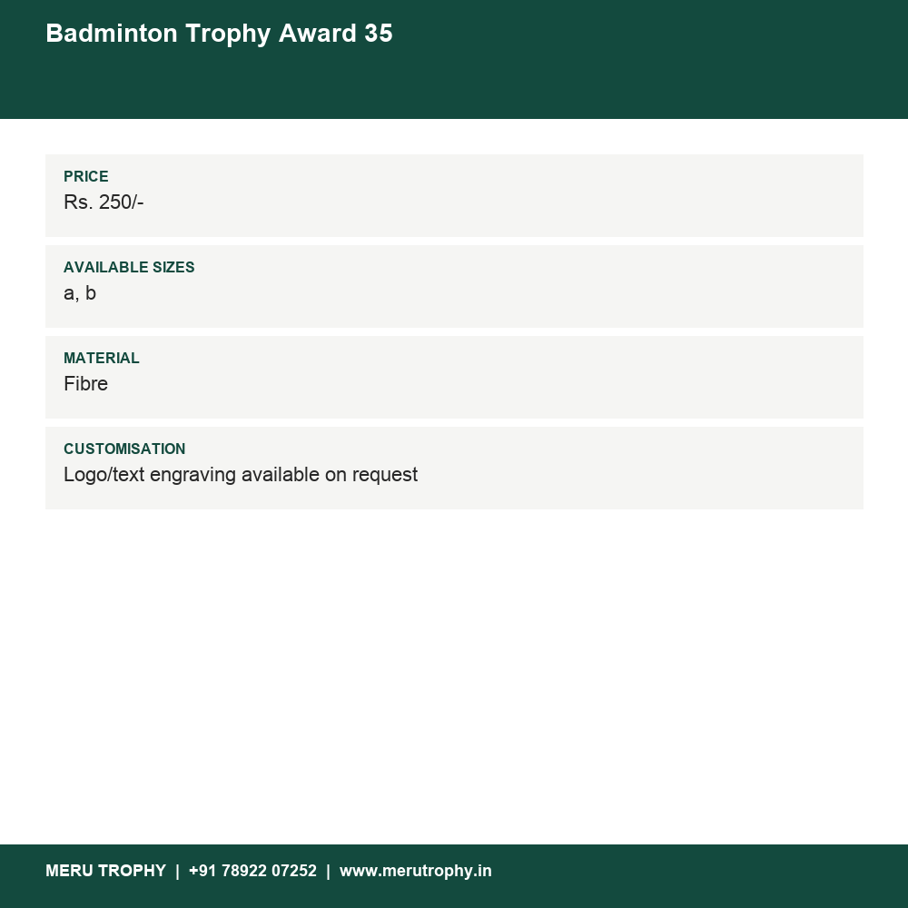 Badminton Trophy Award 35 details - Meru Trophy