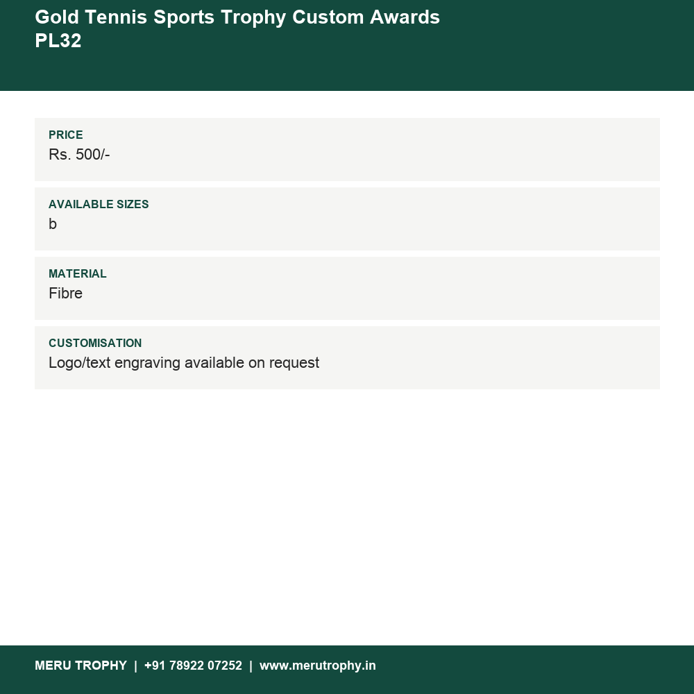 Gold Tennis Sports Trophy Custom Awards PL32 details - Meru Trophy