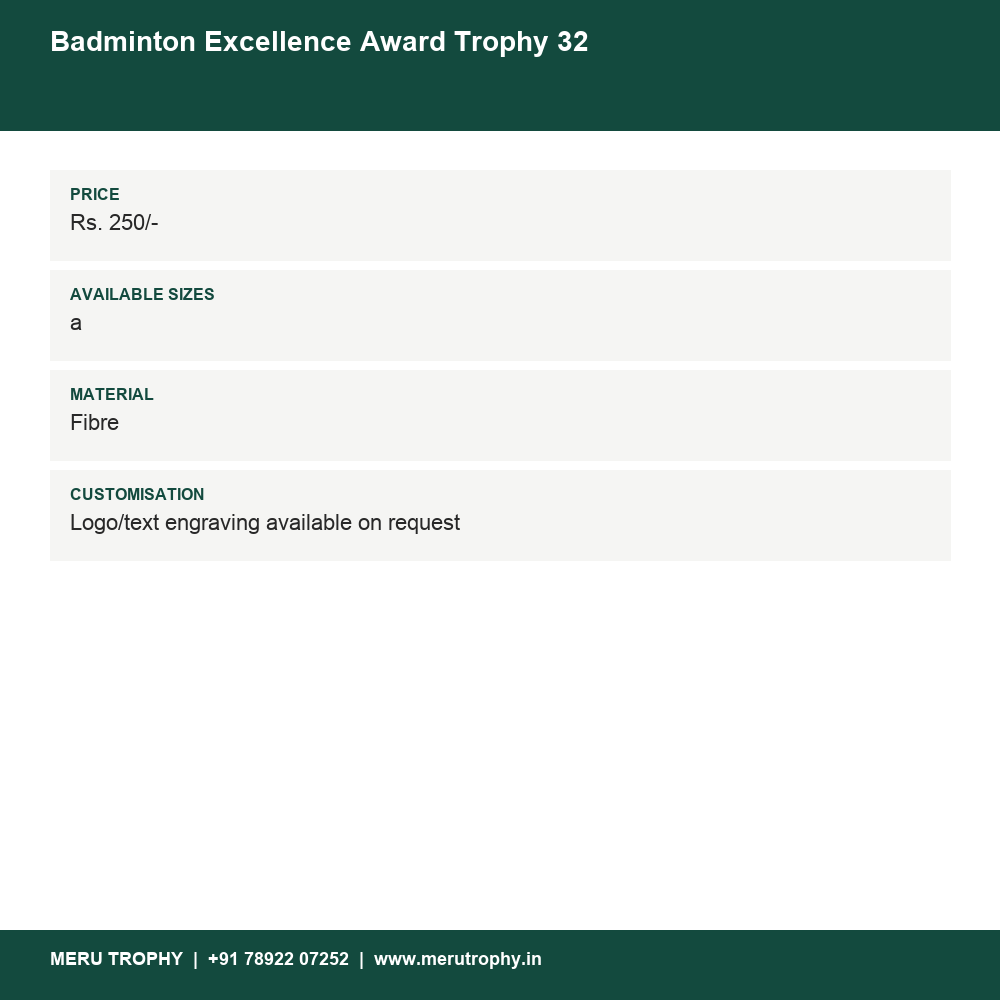 Badminton Excellence Award Trophy 32 details - Meru Trophy