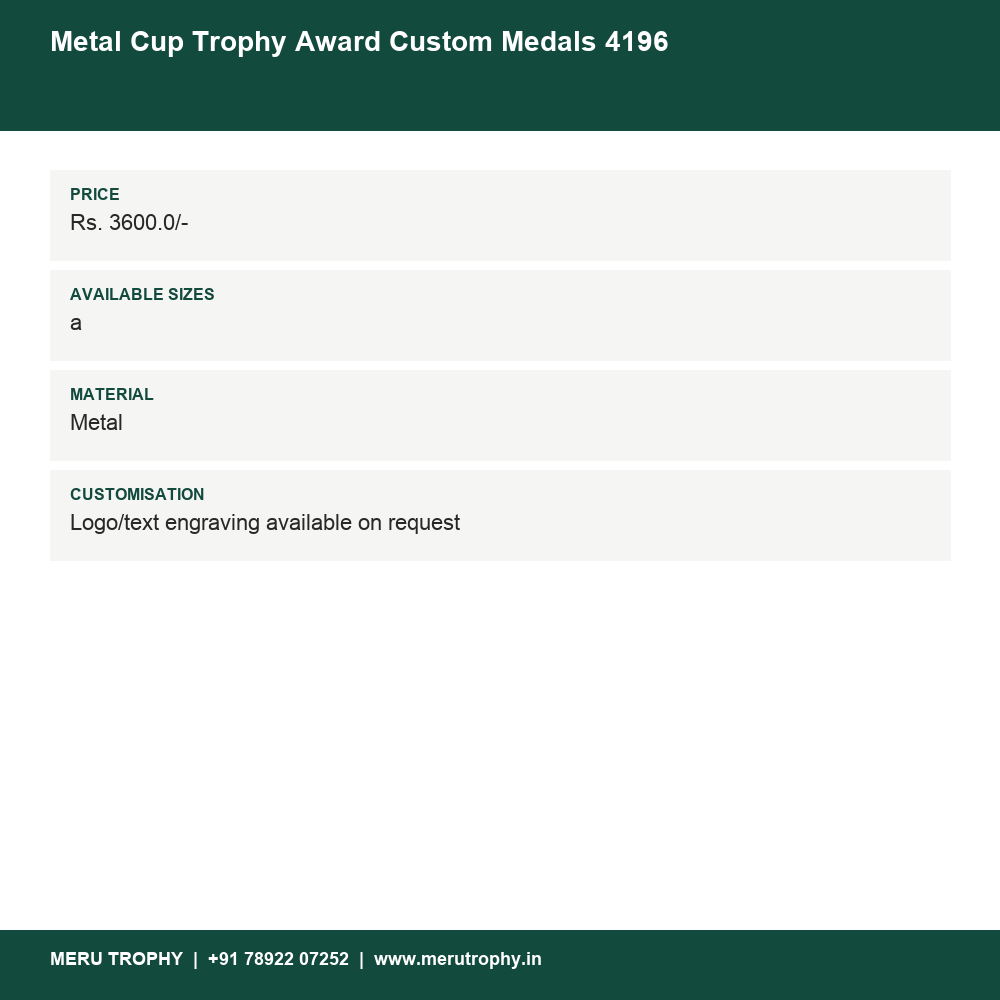 Metal Cup Trophy Award Custom Medals 4196 details - Meru Trophy