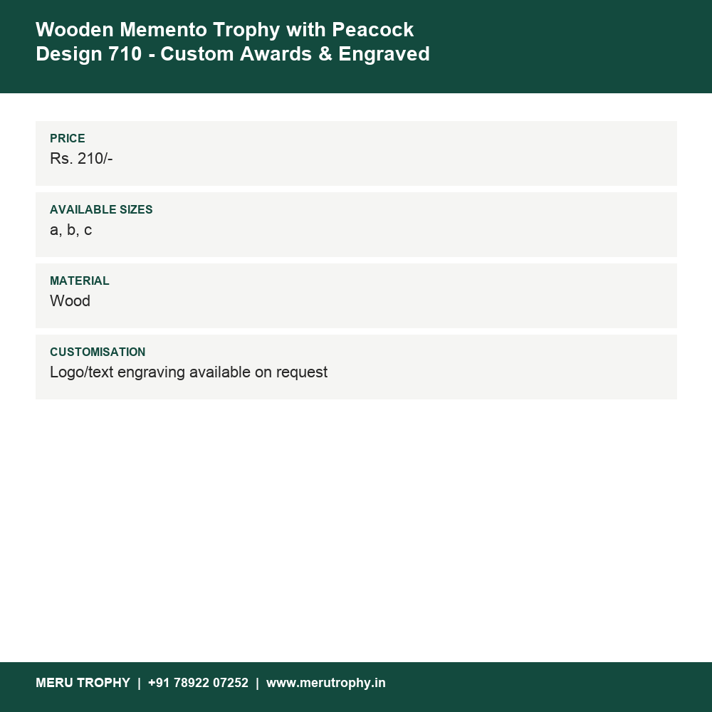 Wooden Memento Trophy with Peacock Design 710 - Custom Awards & Engraved Medals details - Meru Trophy