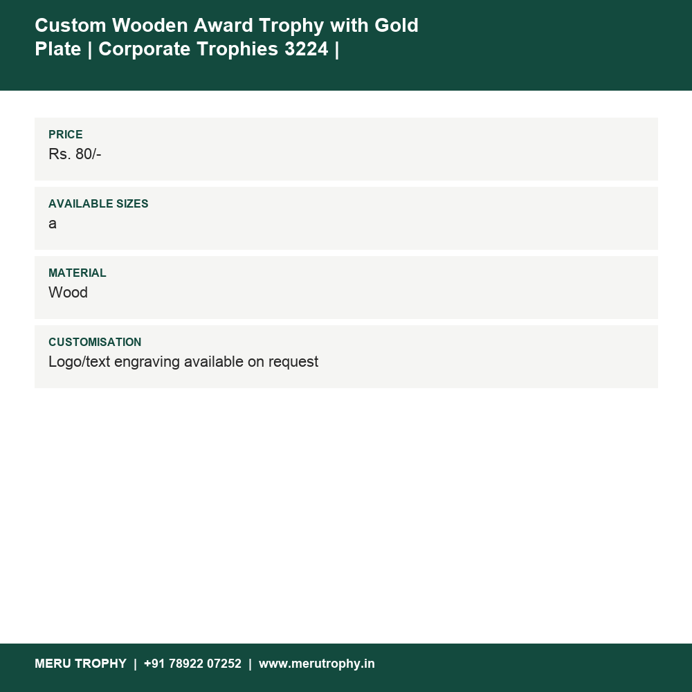Custom Wooden Award Trophy with Gold Plate | Corporate Trophies 3224 | Wooden Mementos details - Meru Trophy