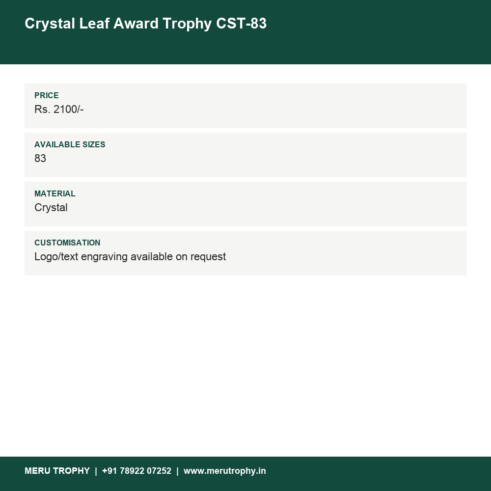 Crystal Leaf Award Trophy CST-83 details - Meru Trophy