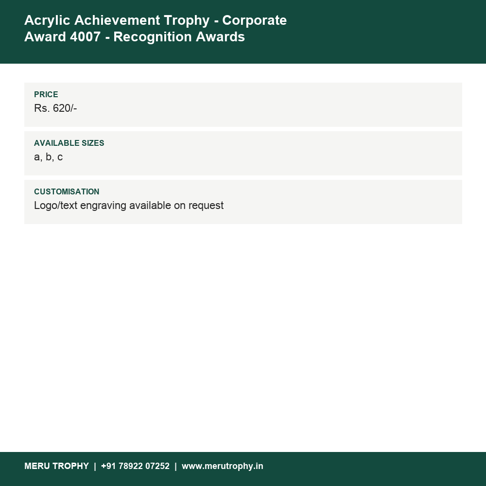 Acrylic Achievement Trophy - Corporate Award 4007 - Recognition Awards details - Meru Trophy