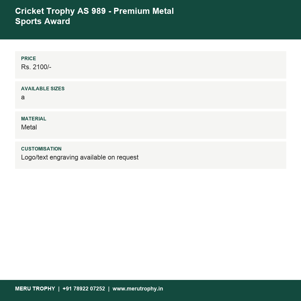 Cricket Trophy AS 989 - Premium Metal Sports Award details - Meru Trophy