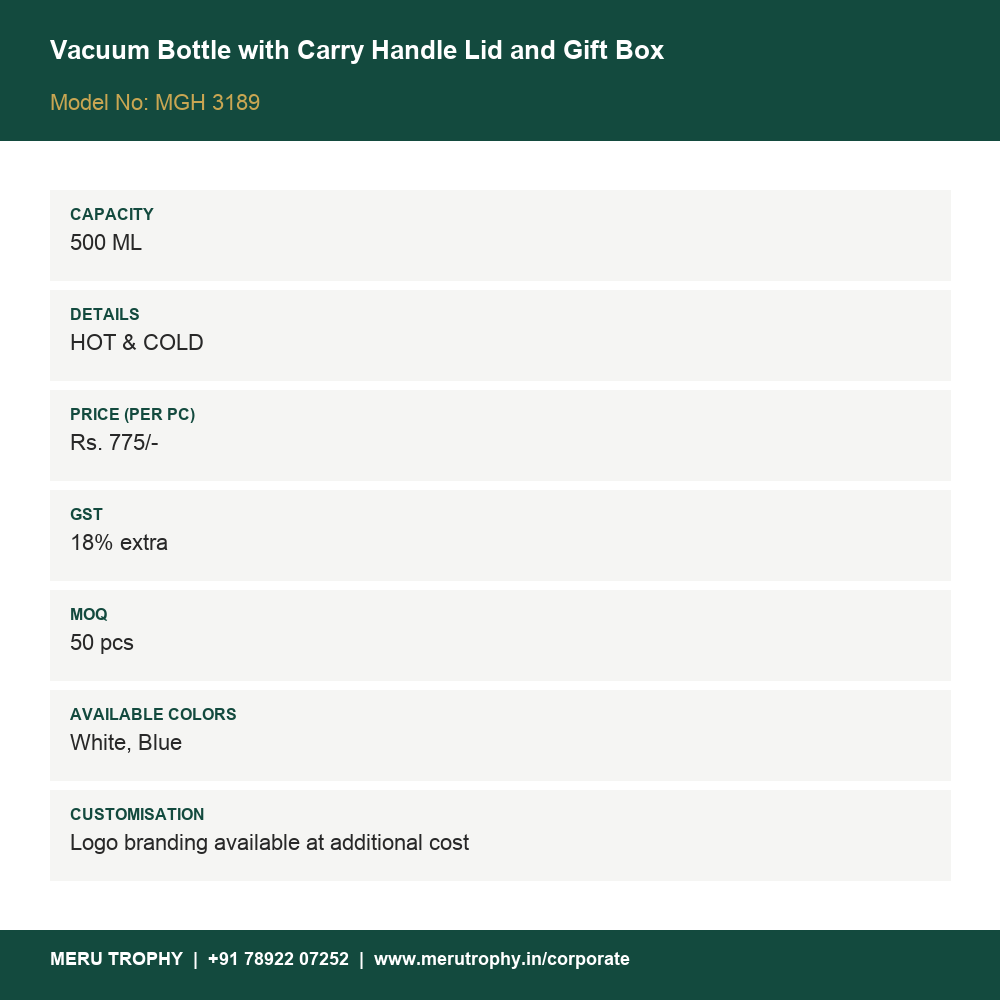 Vacuum Bottle with Carry Handle Lid and Gift Box - product details - Meru Trophy corporate gifting