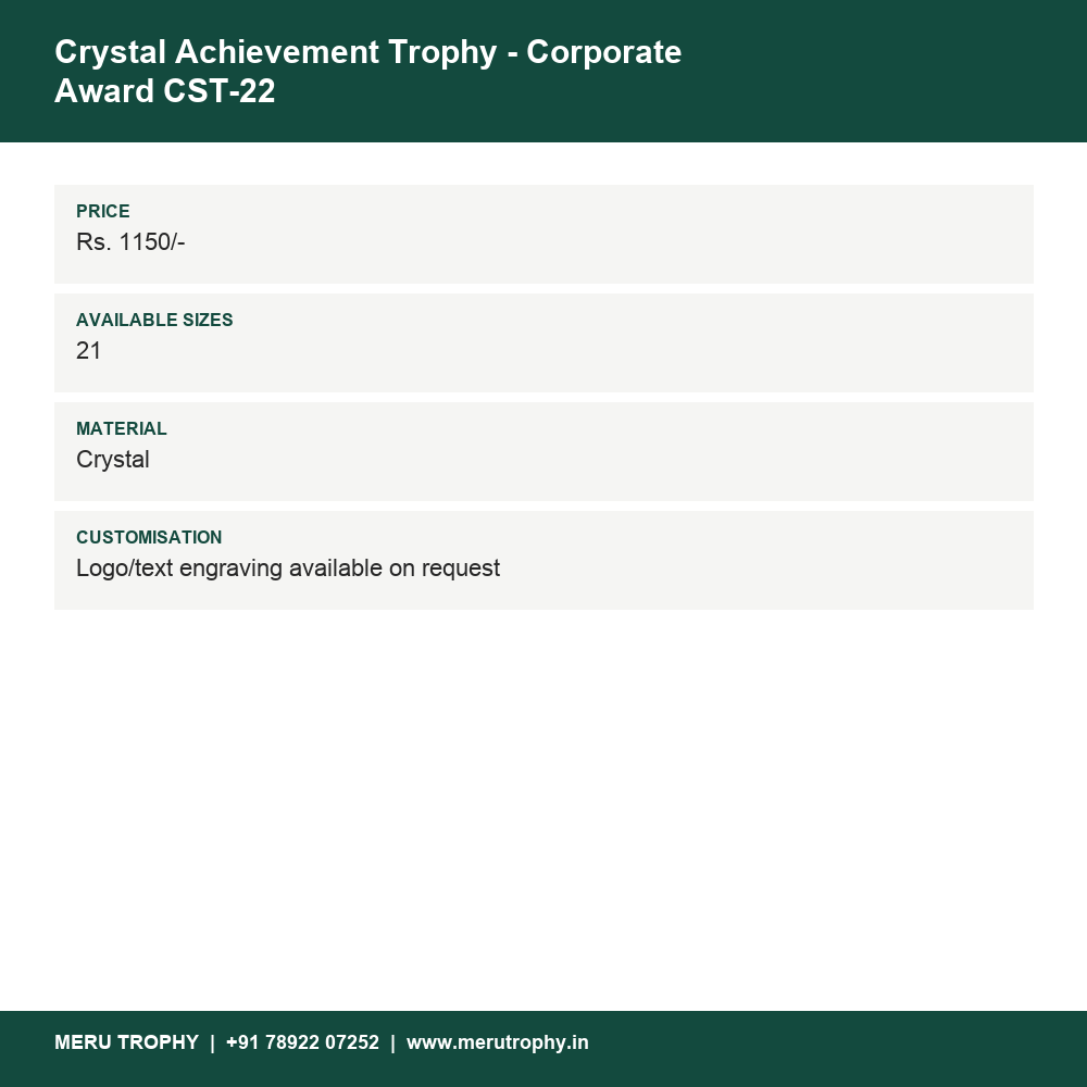 Crystal Achievement Trophy - Corporate Award CST-22 details - Meru Trophy