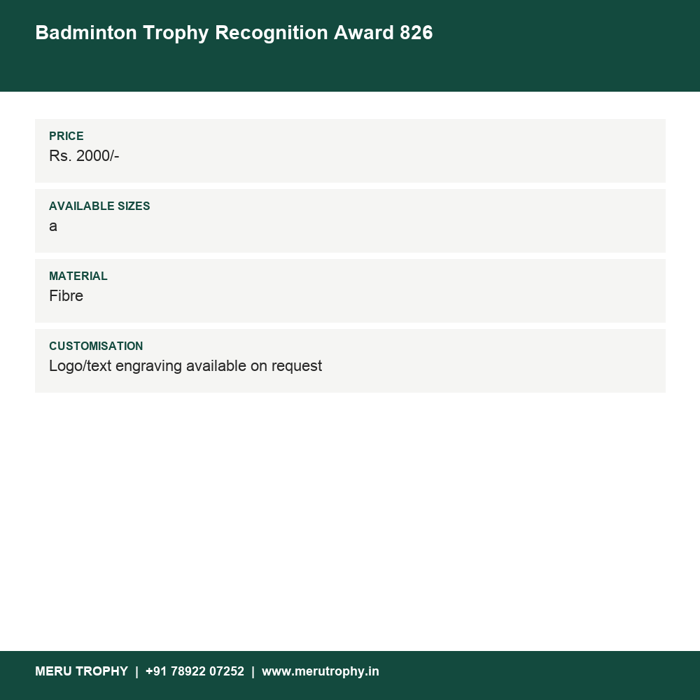 Badminton Trophy Recognition Award 826 details - Meru Trophy
