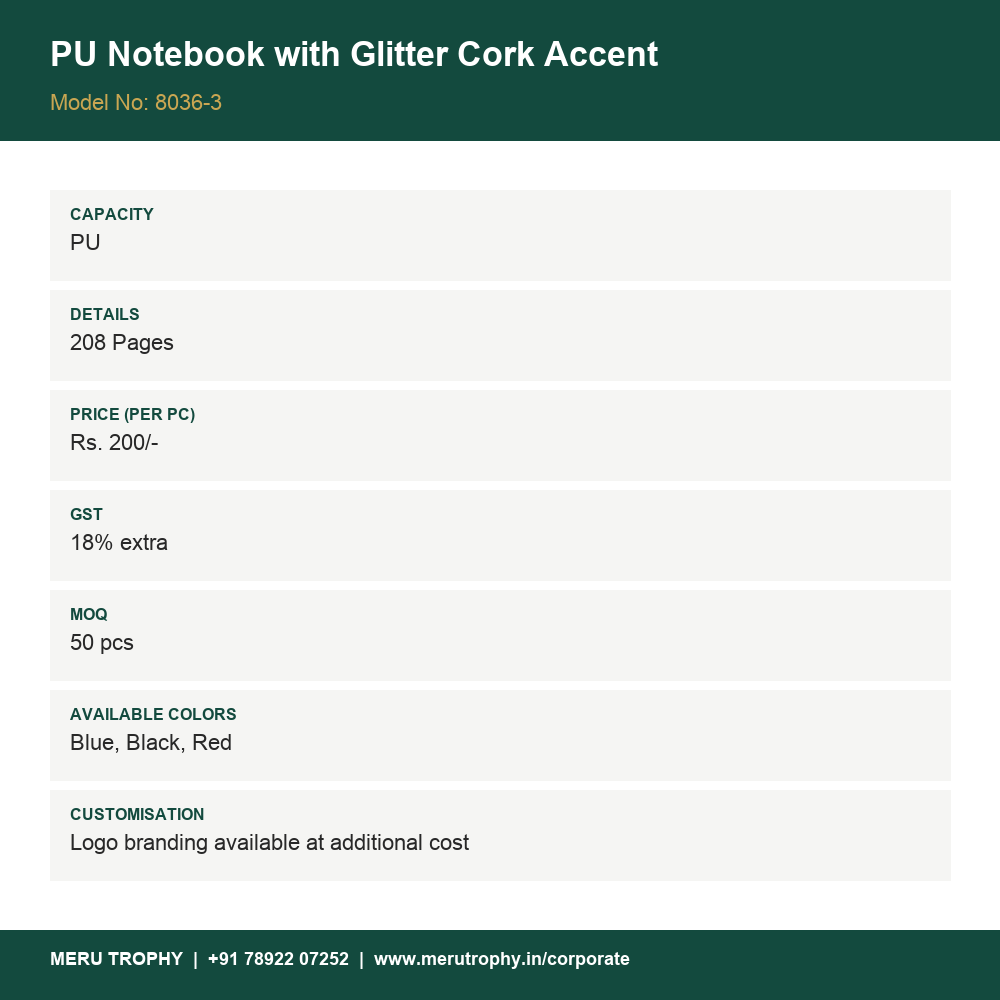 PU Notebook with Glitter Cork Accent - product details - Meru Trophy corporate gifting