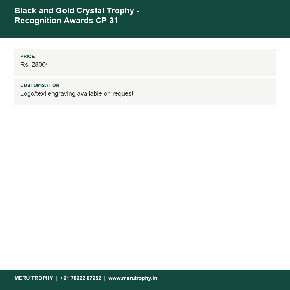 Black and Gold Crystal Trophy - Recognition Awards CP 31 details - Meru Trophy