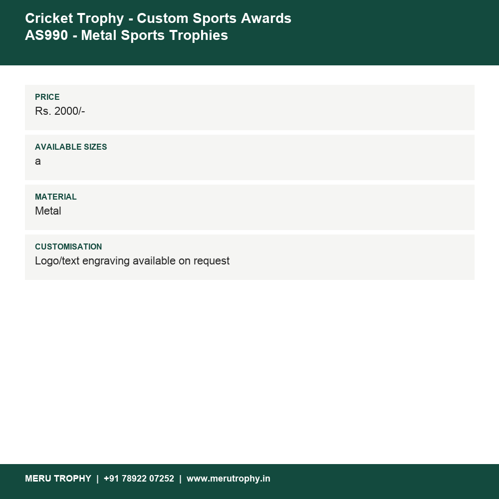 Cricket Trophy - Custom Sports Awards AS990 - Metal Sports Trophies details - Meru Trophy