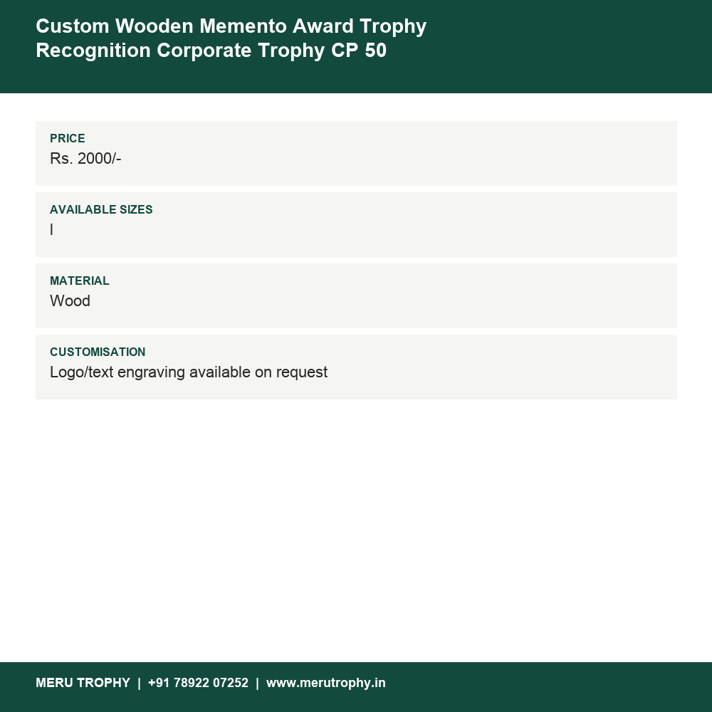 Custom Wooden Memento Award Trophy Recognition Corporate Trophy CP 50 details - Meru Trophy