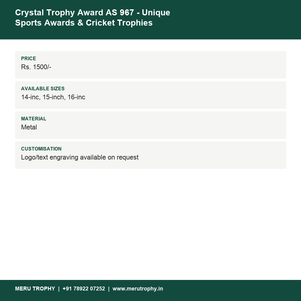 Crystal Trophy Award AS 967 - Unique Sports Awards & Cricket Trophies details - Meru Trophy