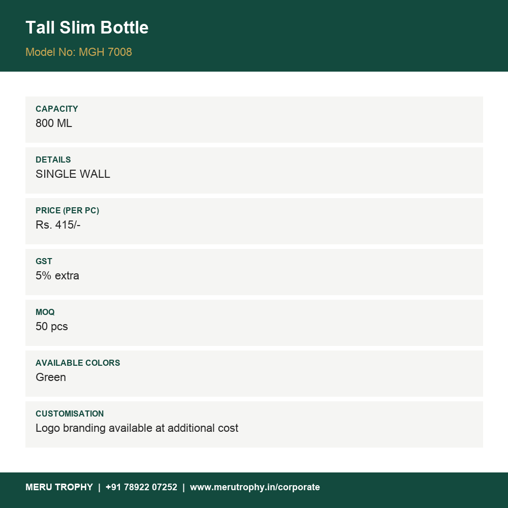 Tall Slim Bottle - product details - Meru Trophy corporate gifting