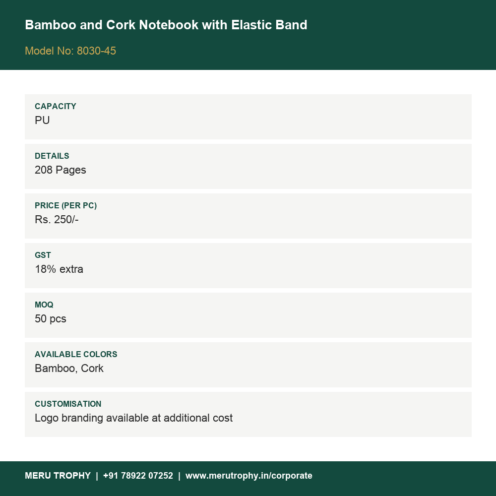 Bamboo and Cork Notebook with Elastic Band - product details card - Meru Trophy corporate gifting