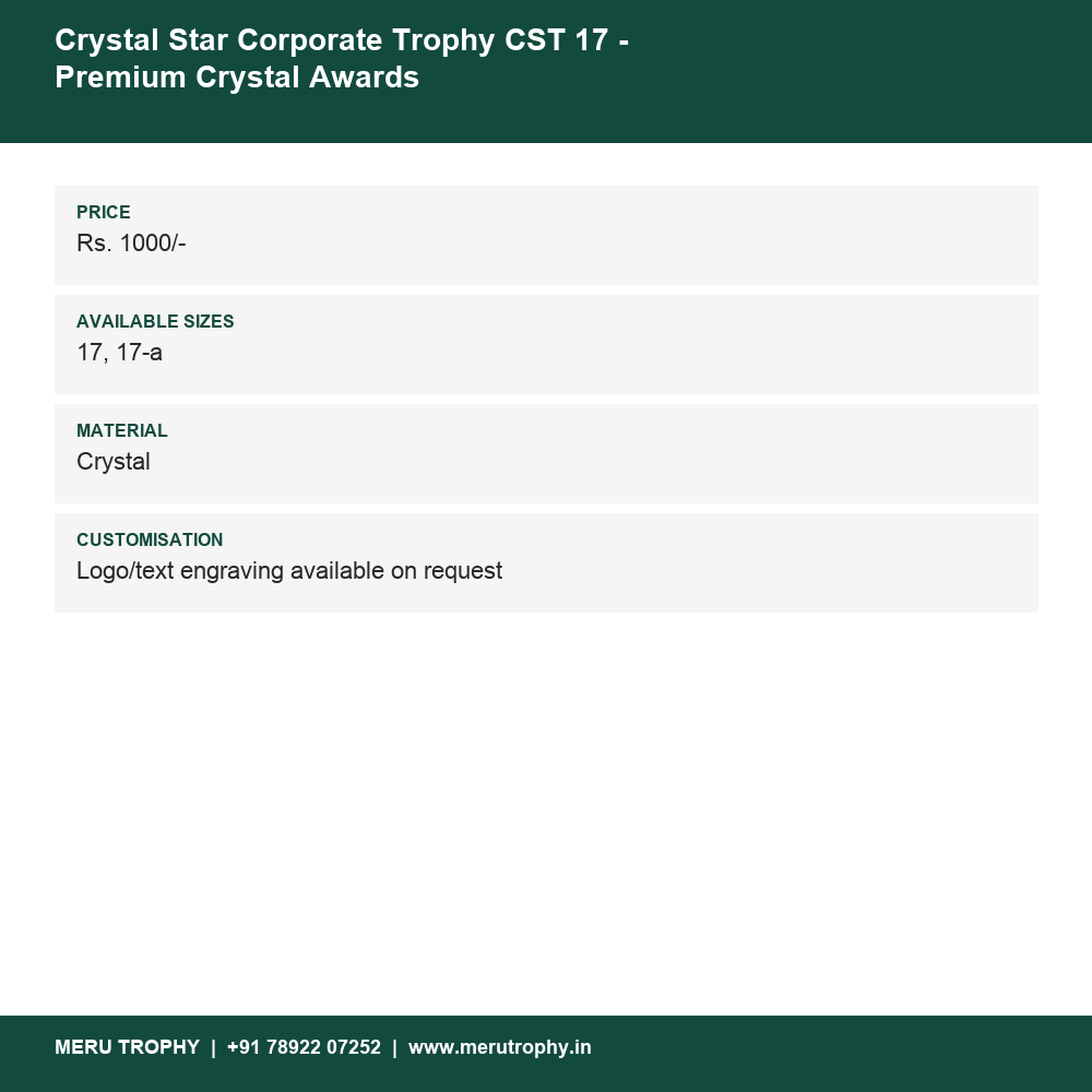Crystal Star Corporate Trophy CST 17 - Premium Crystal Awards details - Meru Trophy