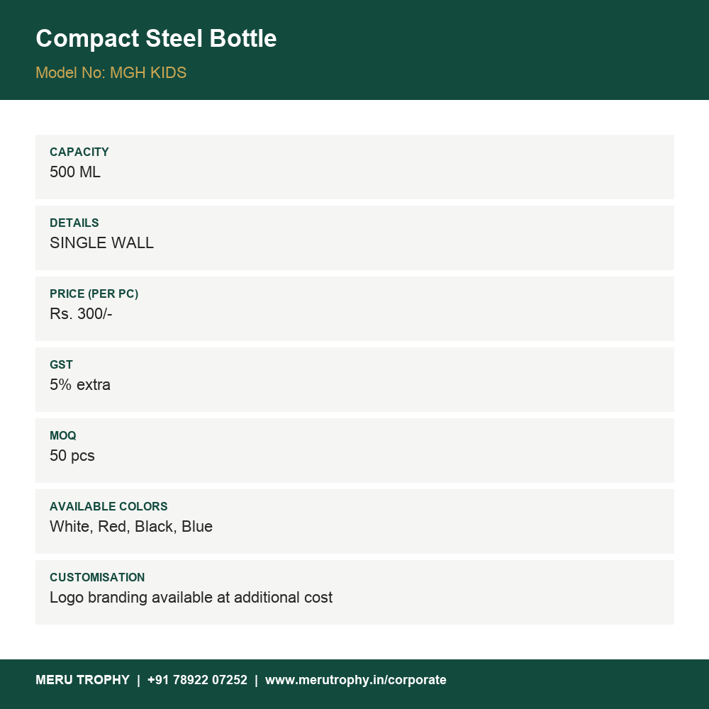 Compact Steel Bottle - product details - Meru Trophy corporate gifting