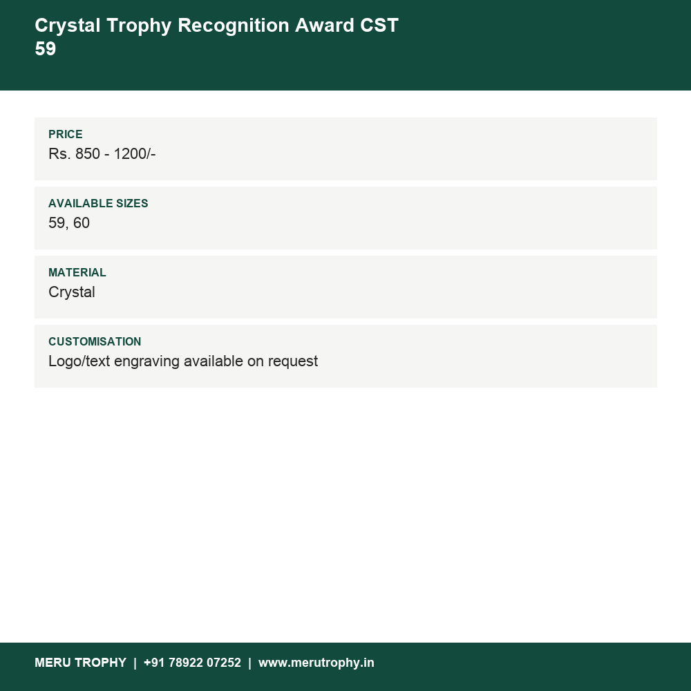 Crystal Trophy Recognition Award CST 59 details - Meru Trophy