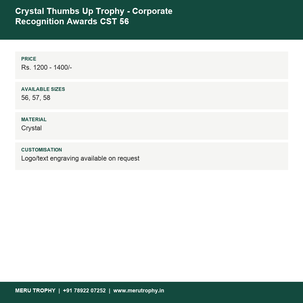 Crystal Thumbs Up Trophy - Corporate Recognition Awards CST 56 details - Meru Trophy
