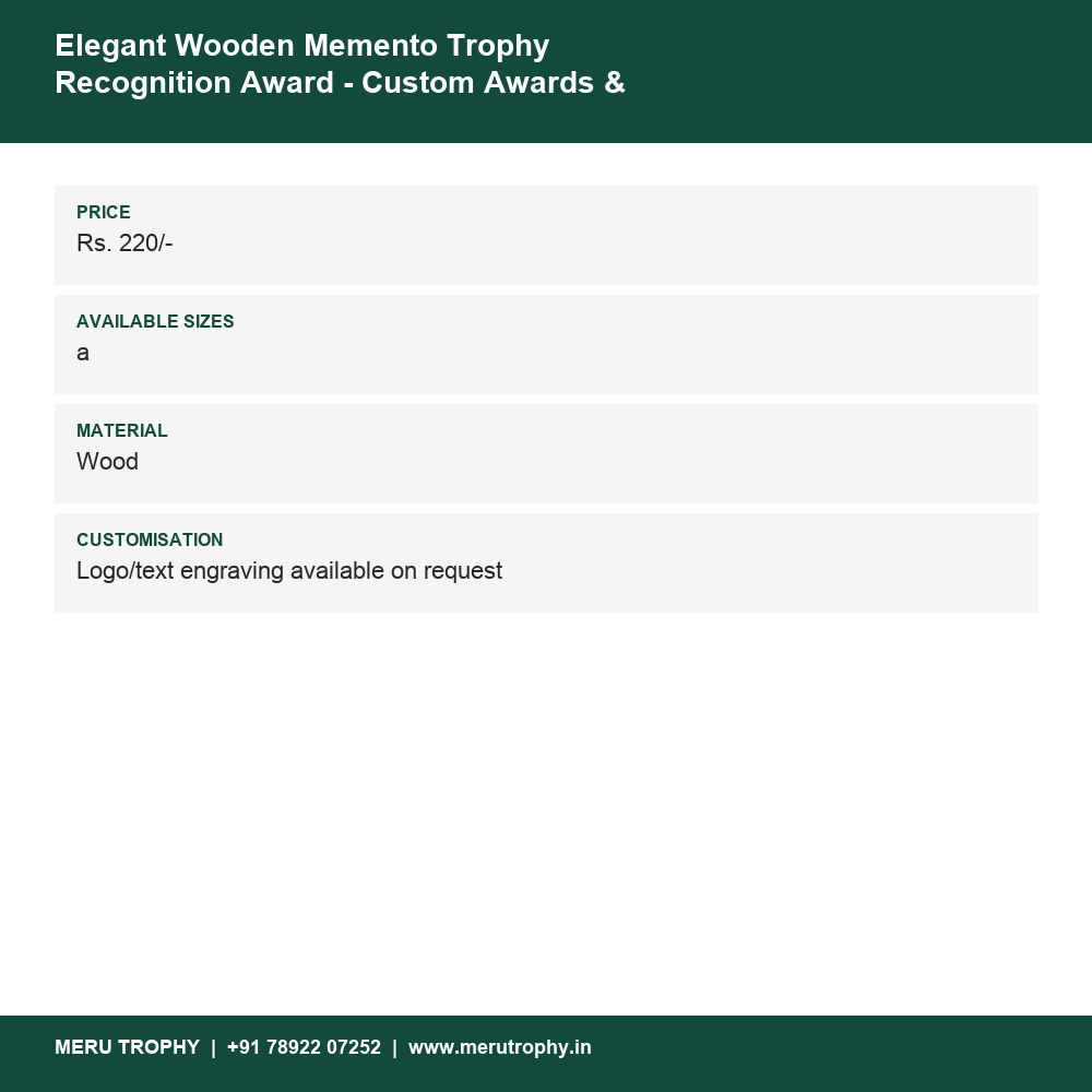 Elegant Wooden Memento Trophy Recognition Award - Custom Awards & Medals 730 details - Meru Trophy