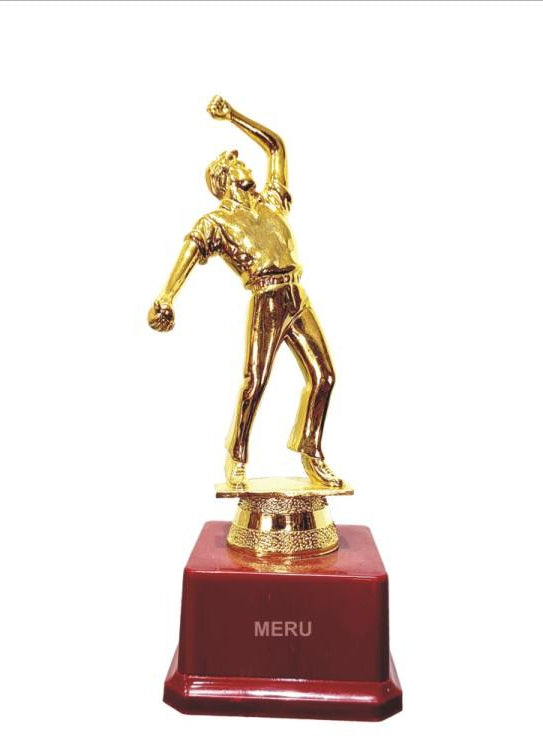 Gold cricket trophy featuring a dynamic bowler.