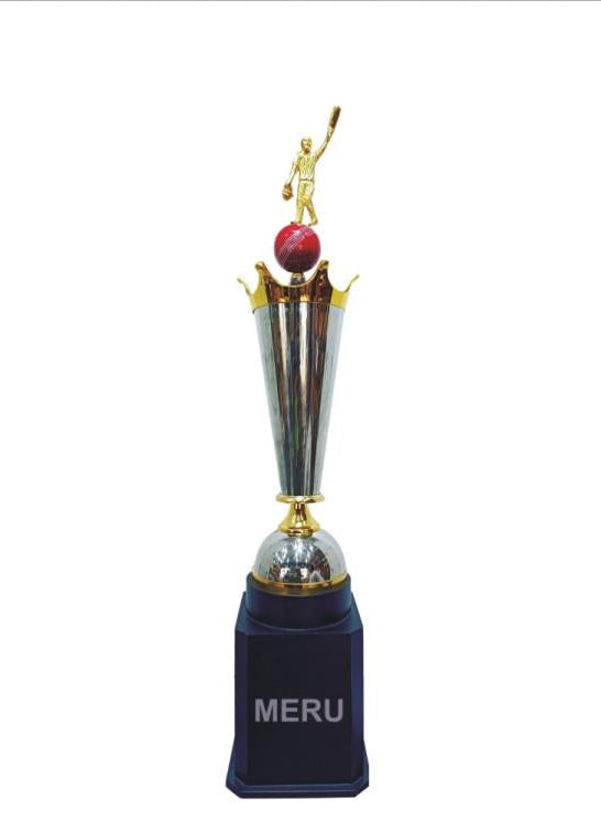 Silver and gold cricketer figurine on a cricket ball trophy - perfect for sports awards.