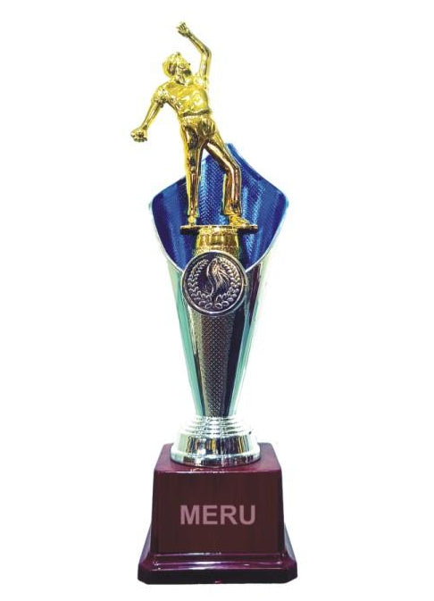 Gold cricket figurine atop a blue and silver trophy cup - a beautiful fiber trophy award.