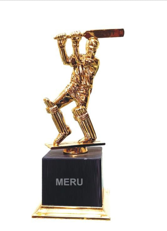 Gold cricket trophy featuring a batter in mid-swing; ideal for sports awards.