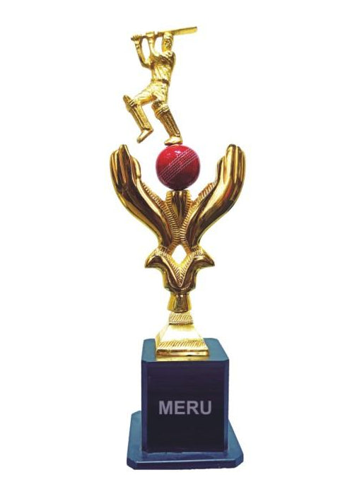 Gold and black cricket trophy featuring a batsman; a symbol of sporting excellence.