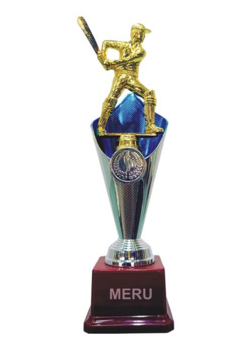 Gold batsman cricket trophy on a blue and silver cup; perfect for sports awards.