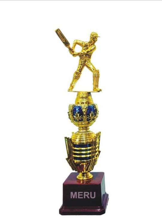 Gold and blue cricket trophy featuring a batsman figurine; a perfect fiber trophy for awards.