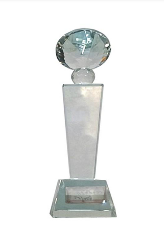 Elegant crystal trophy with a globe finial; ideal for corporate recognition and awards.