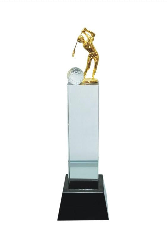 Crystal Golf Trophy award; perfect for sports recognition.