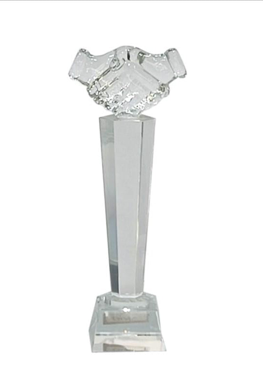 Elegant crystal trophy symbolizing achievement and teamwork; ideal for corporate awards.