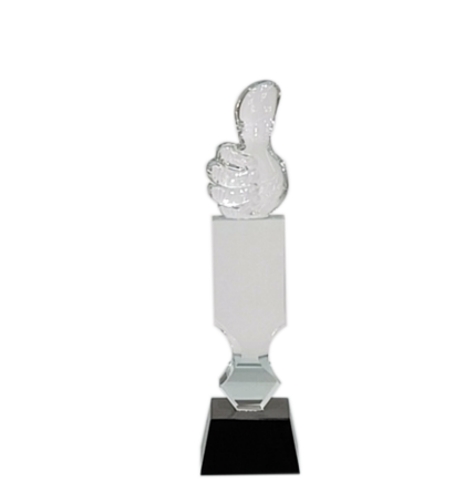 Clear crystal trophy with a thumbs-up hand; perfect for corporate recognition awards.