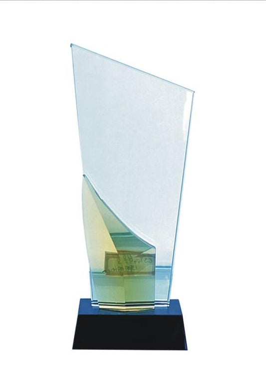 Crystal trophy with amber accent.